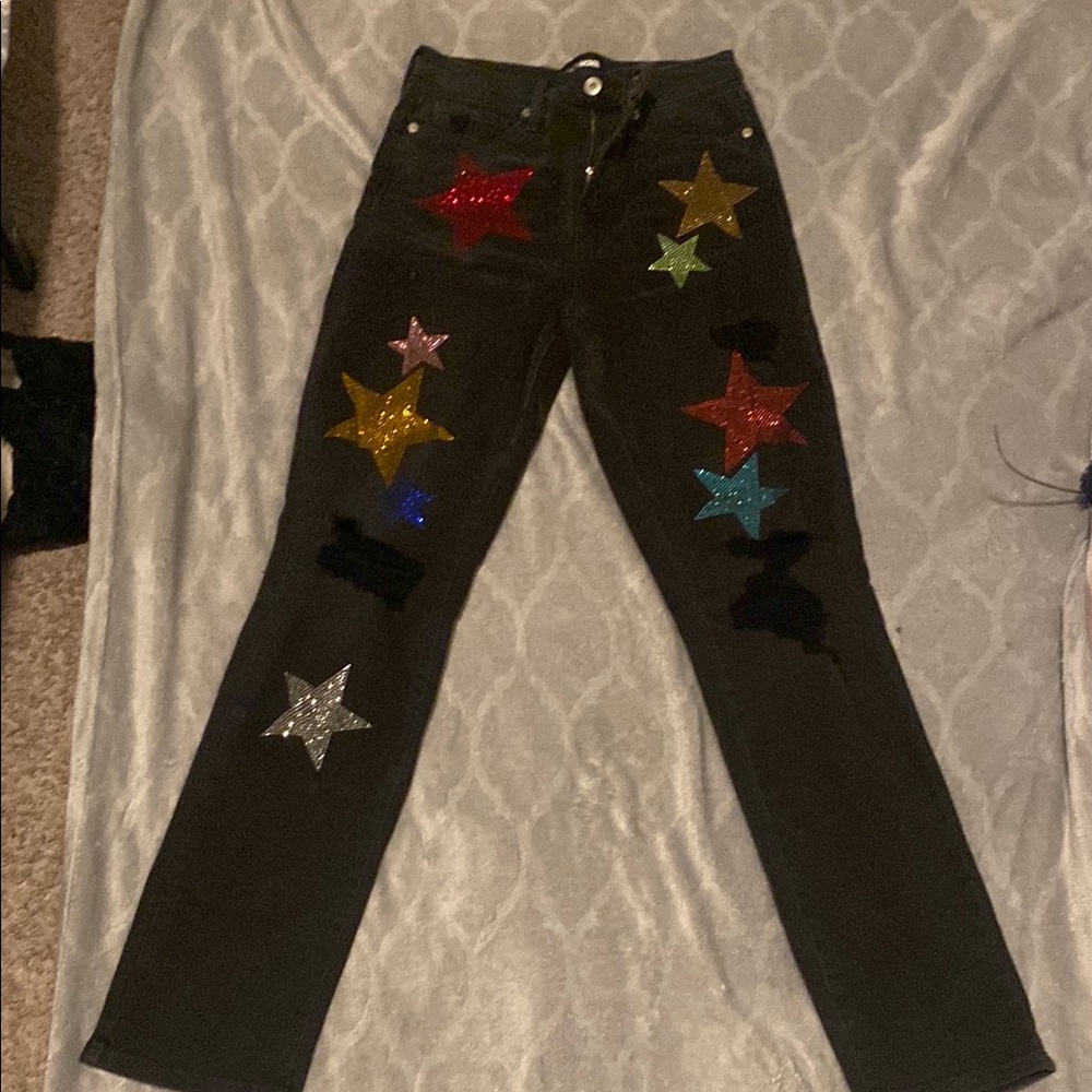 Black and Red Straight Leg Jeans with Star Accents